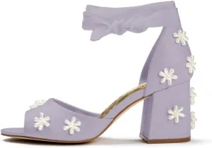 XYD Women Open Toe Sandals with Bloom Pearl Flower Ribbon Ankle Strap Chunky Block Heel Wedding Bridal Shoes