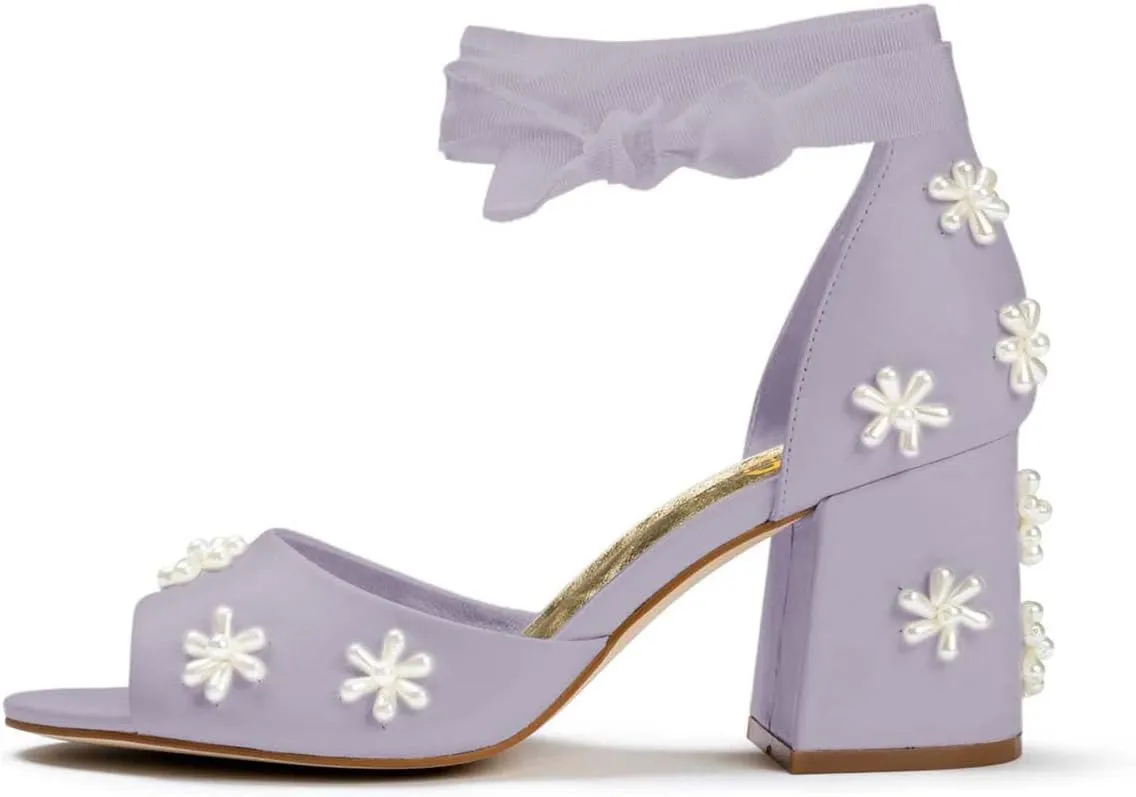 XYD Women Open Toe Sandals with Bloom Pearl Flower Ribbon Ankle Strap Chunky Block Heel Wedding Bridal Shoes