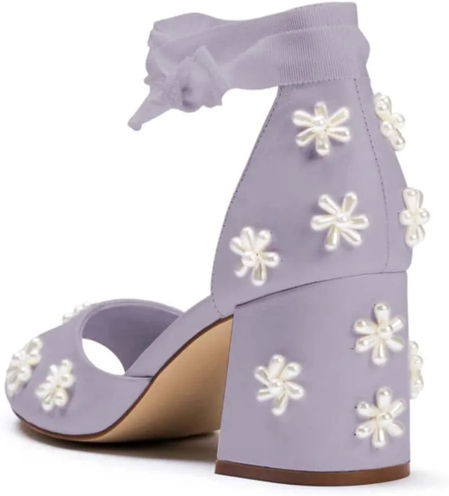 XYD Women Open Toe Sandals with Bloom Pearl Flower Ribbon Ankle Strap Chunky Block Heel Wedding Bridal Shoes