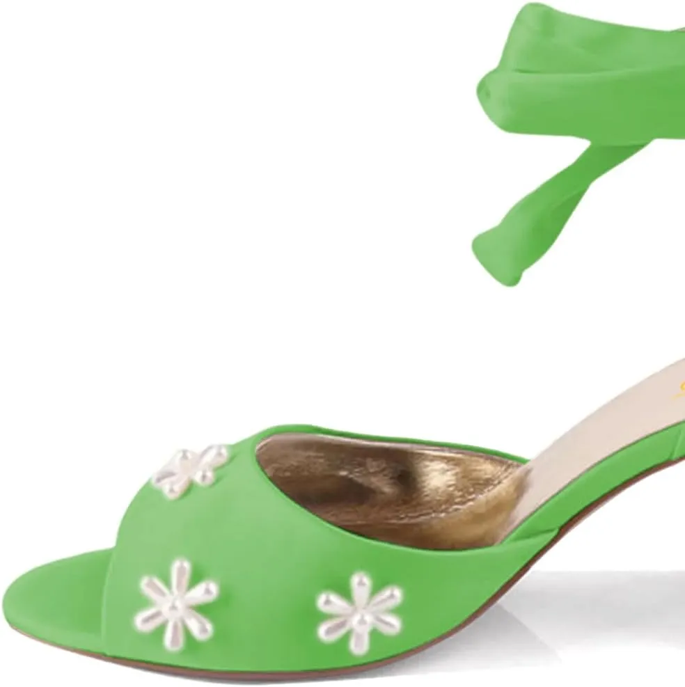 XYD Women Open Toe Sandals with Bloom Pearl Flower Ribbon Ankle Strap Chunky Block Heel Wedding Bridal Shoes