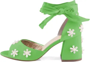 XYD Women Open Toe Sandals with Bloom Pearl Flower Ribbon Ankle Strap Chunky Block Heel Wedding Bridal Shoes
