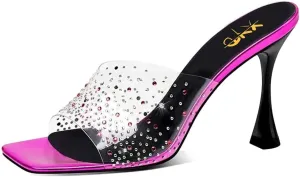 XYD Women PVC Rhinestones Slide Sandals Studded Open Square Toe High Heel Backless Mules Dress Party Fashion Shoes