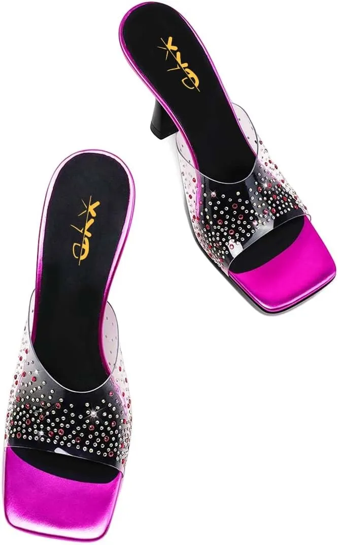 XYD Women PVC Rhinestones Slide Sandals Studded Open Square Toe High Heel Backless Mules Dress Party Fashion Shoes