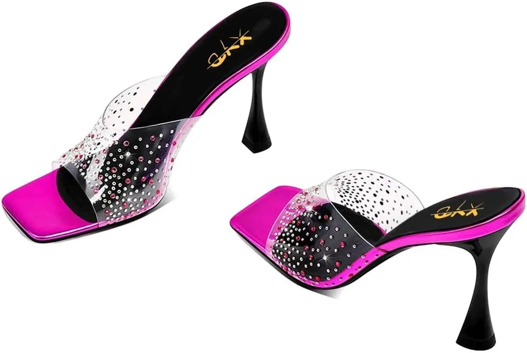 XYD Women PVC Rhinestones Slide Sandals Studded Open Square Toe High Heel Backless Mules Dress Party Fashion Shoes