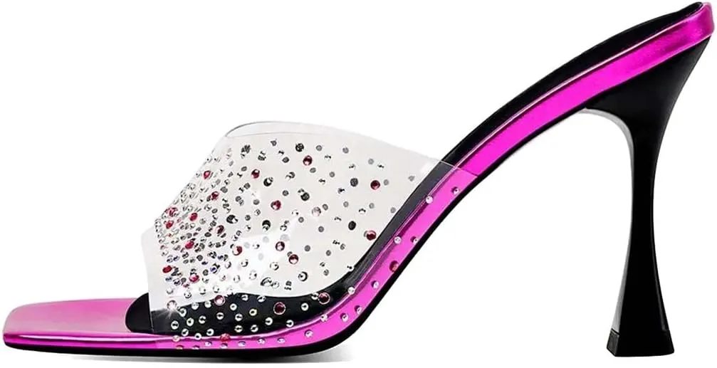XYD Women PVC Rhinestones Slide Sandals Studded Open Square Toe High Heel Backless Mules Dress Party Fashion Shoes