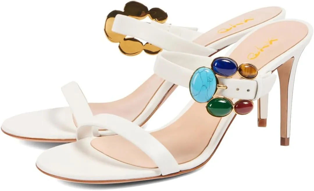 XYD Women Retro Colorful Buckle Double Strap Sandals High Heel Mules Open Toe Slip-on Holiday Party Shoes
