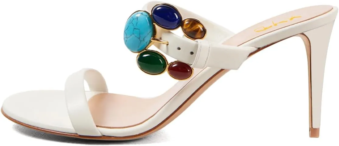 XYD Women Retro Colorful Buckle Double Strap Sandals High Heel Mules Open Toe Slip-on Holiday Party Shoes