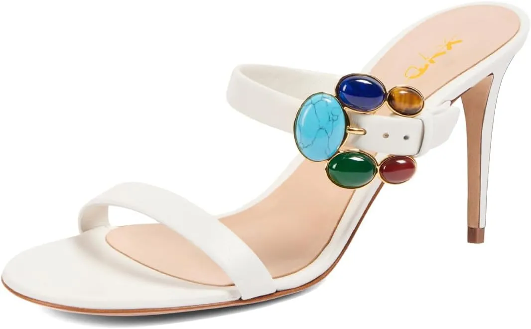 XYD Women Retro Colorful Buckle Double Strap Sandals High Heel Mules Open Toe Slip-on Holiday Party Shoes