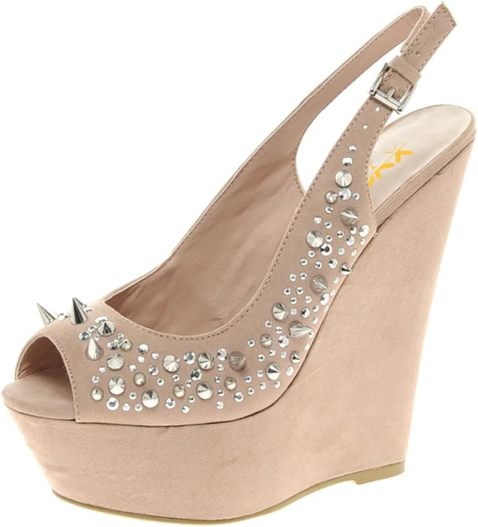XYD Women Wedges Slingback Heels Sandals Peep Toe Rhinestone Rivets Platform Pumps Evening Dress Shoes