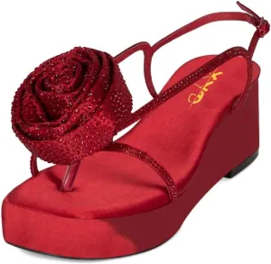 XYD Women's Open Toe Thong Sandals Wedge Platform High Heel with Oversized Rose Flower Crystal Slingback Dress Summer Shoes