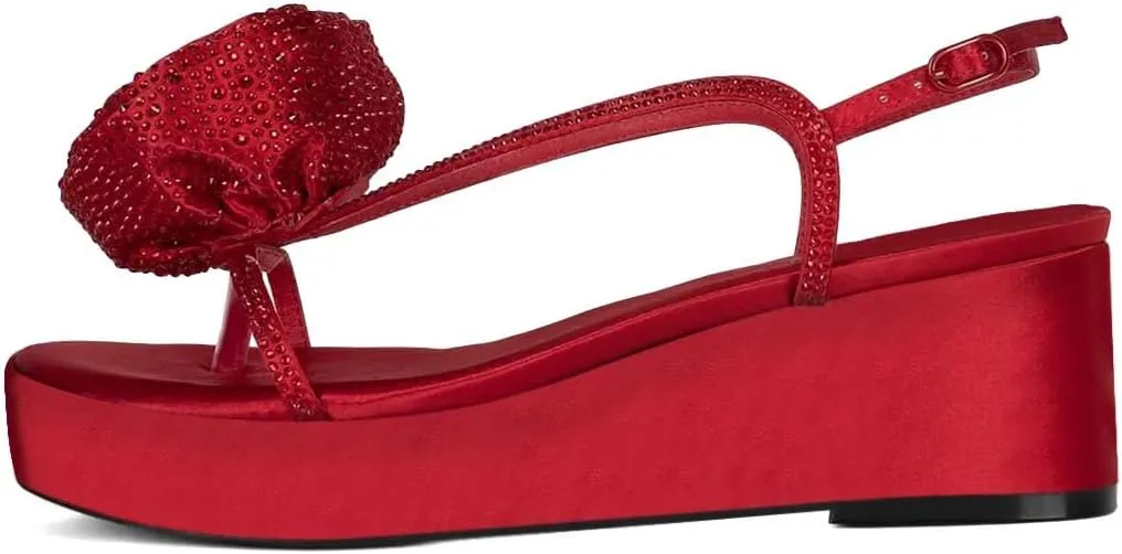 XYD Women's Open Toe Thong Sandals Wedge Platform High Heel with Oversized Rose Flower Crystal Slingback Dress Summer Shoes