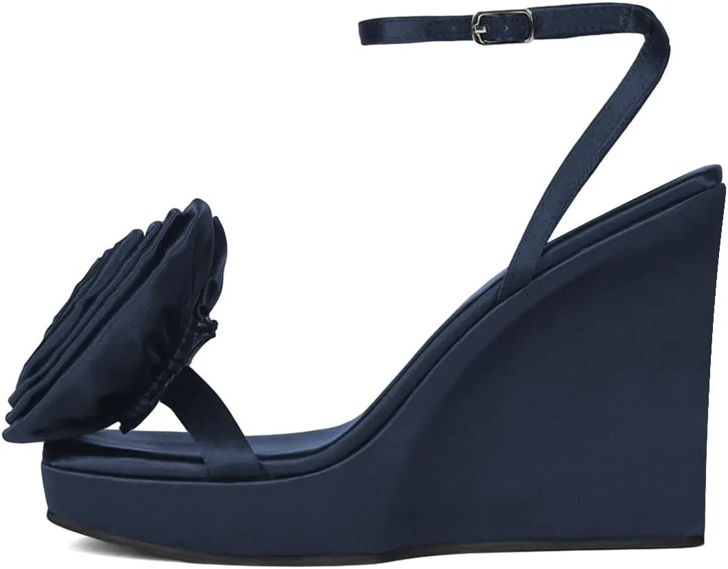 XYD Women's Wedges Platform High Heel Sandals with Oversized Rose Flower Square Open Toe Ankle Strappy Dress Club Evening Pumps Shoes
