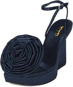 XYD Women's Wedges Platform High Heel Sandals with Oversized Rose Flower Square Open Toe Ankle Strappy Dress Club Evening Pumps Shoes