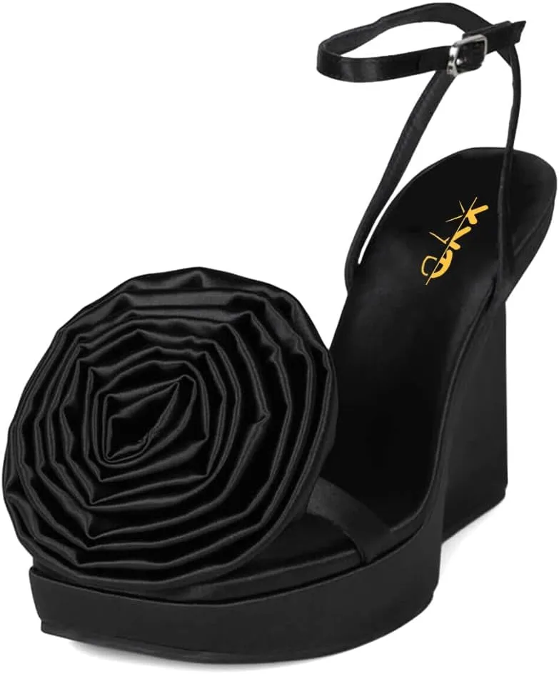 XYD Women's Wedges Platform High Heel Sandals with Oversized Rose Flower Square Open Toe Ankle Strappy Dress Club Evening Pumps Shoes