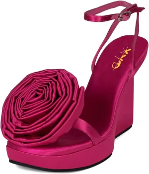 XYD Women's Wedges Platform High Heel Sandals with Oversized Rose Flower Square Open Toe Ankle Strappy Dress Club Evening Pumps Shoes