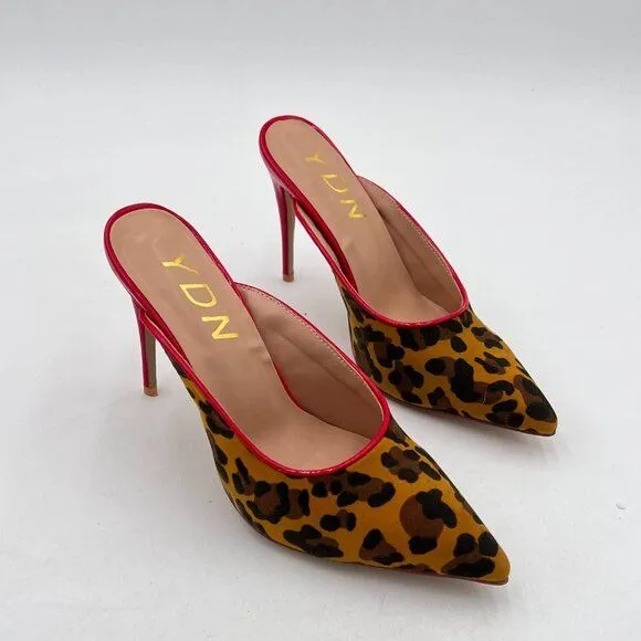 YDN Leopard Pointed Toe High Heel Loafers Slip on Mules Slide Sandals