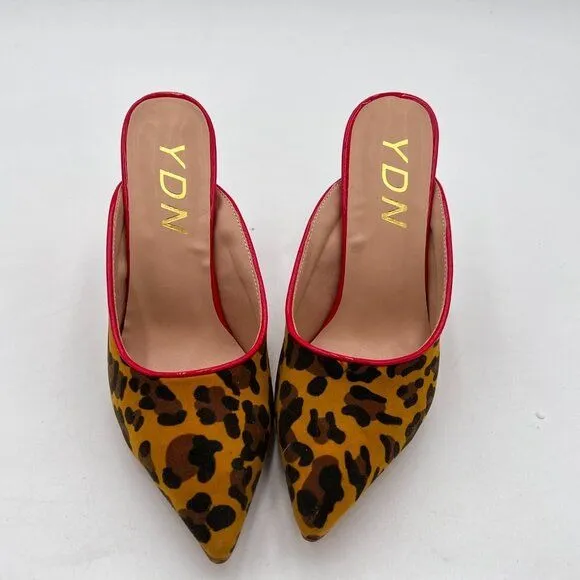 YDN Leopard Pointed Toe High Heel Loafers Slip on Mules Slide Sandals