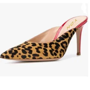 YDN Leopard Pointed Toe High Heel Loafers Slip on Mules Slide Sandals