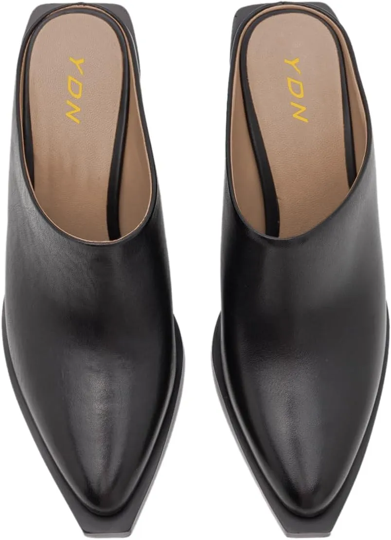 YDN Women Classic Mules Slip On Slippers Chunky Mid Heels Closed Pointed Toe Shoes Party Shopping Indoor Size 4-16 US