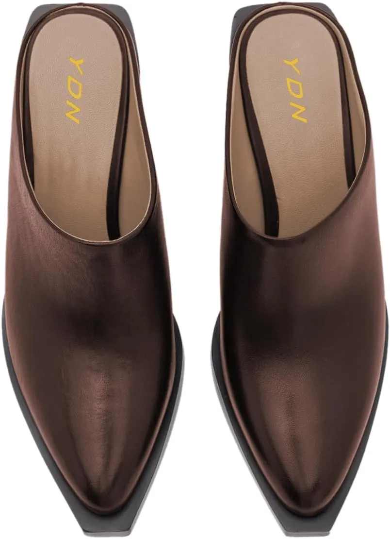 YDN Women Classic Mules Slip On Slippers Chunky Mid Heels Closed Pointed Toe Shoes Party Shopping Indoor Size 4-16 US