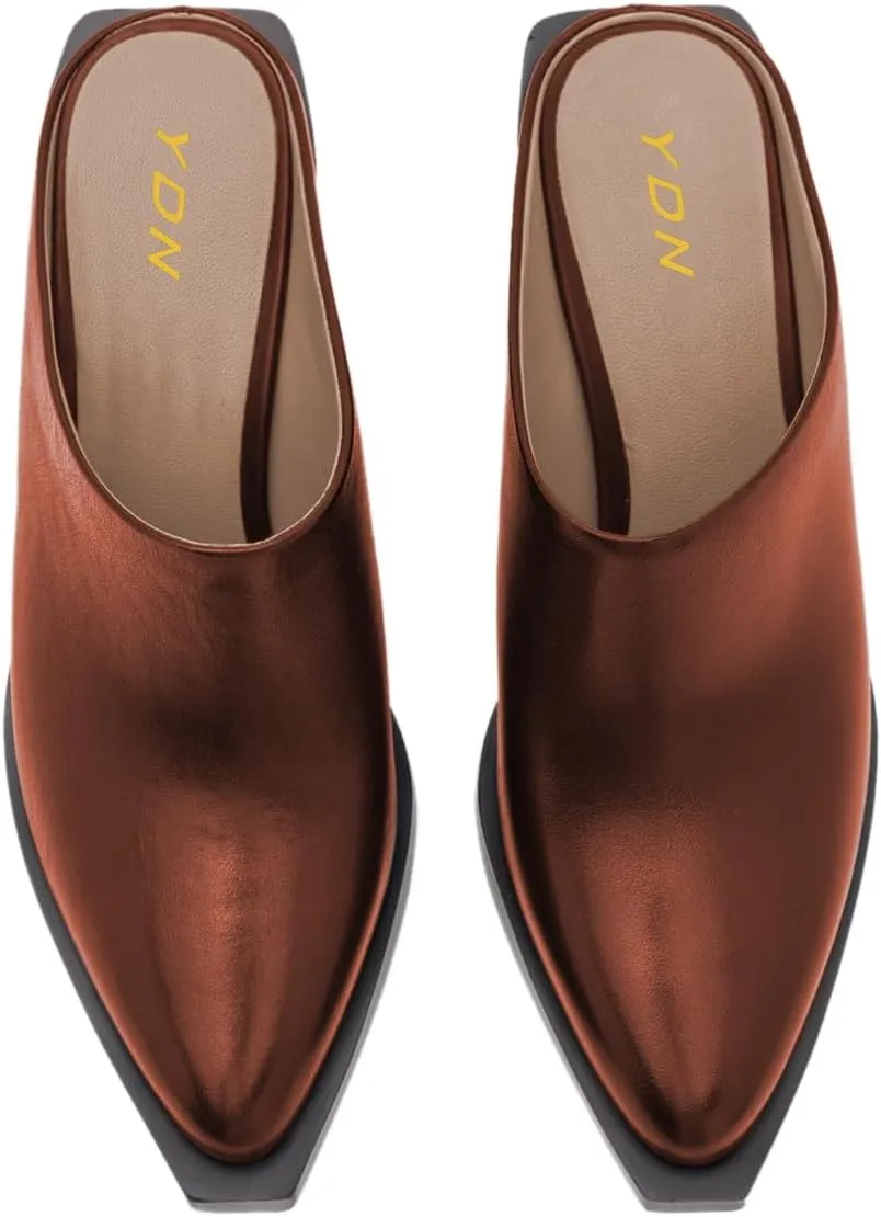 YDN Women Classic Mules Slip On Slippers Chunky Mid Heels Closed Pointed Toe Shoes Party Shopping Indoor Size 4-16 US