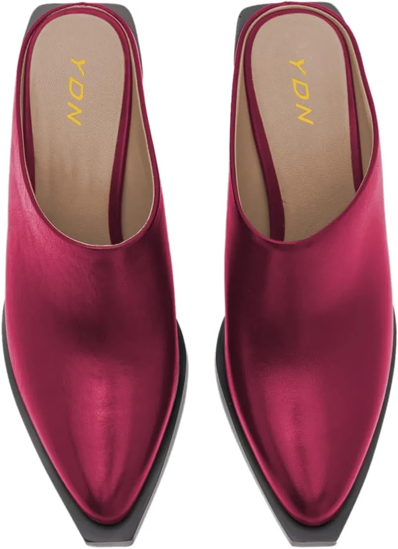 YDN Women Classic Mules Slip On Slippers Chunky Mid Heels Closed Pointed Toe Shoes Party Shopping Indoor Size 4-16 US