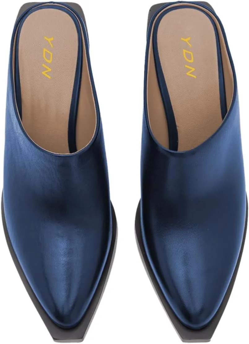 YDN Women Classic Mules Slip On Slippers Chunky Mid Heels Closed Pointed Toe Shoes Party Shopping Indoor Size 4-16 US