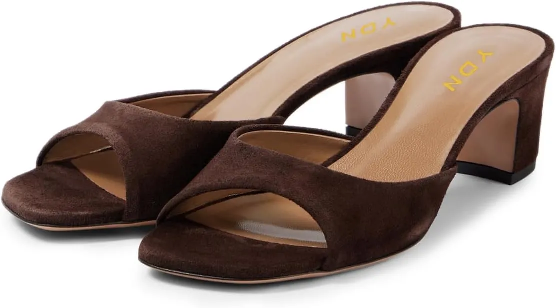 YDN Women Classic Square Open Toe Low Heeled Mules Slip On Chunky Heels Slides Sandals Prom Shopping Daily Shoes Size 4-16 US