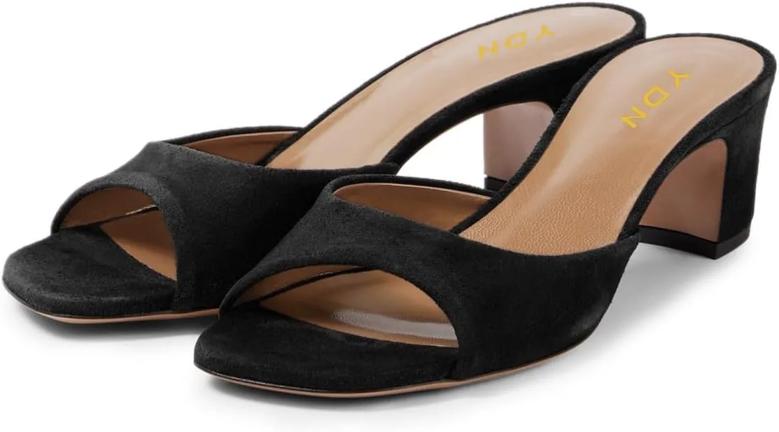 YDN Women Classic Square Open Toe Low Heeled Mules Slip On Chunky Heels Slides Sandals Prom Shopping Daily Shoes Size 4-16 US