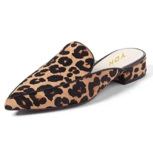 YDN Women Low Heel Mules Slip on Backless Sandals Pointed Toe Flats Leopard Shoe