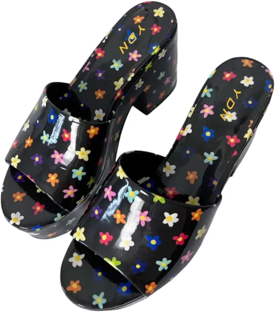 YDN Women's Platform Heeled Mules Round Toe Chunky Block Heels Slip On Comfy Slide Sandals Indoor and Outdoor Slippers Shoes Size 4-16 US