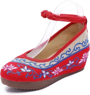 YIBLBOX Women Chinese Traditional Strap Lotus Flower Embroidery Strappy Platform Wedges Shoes