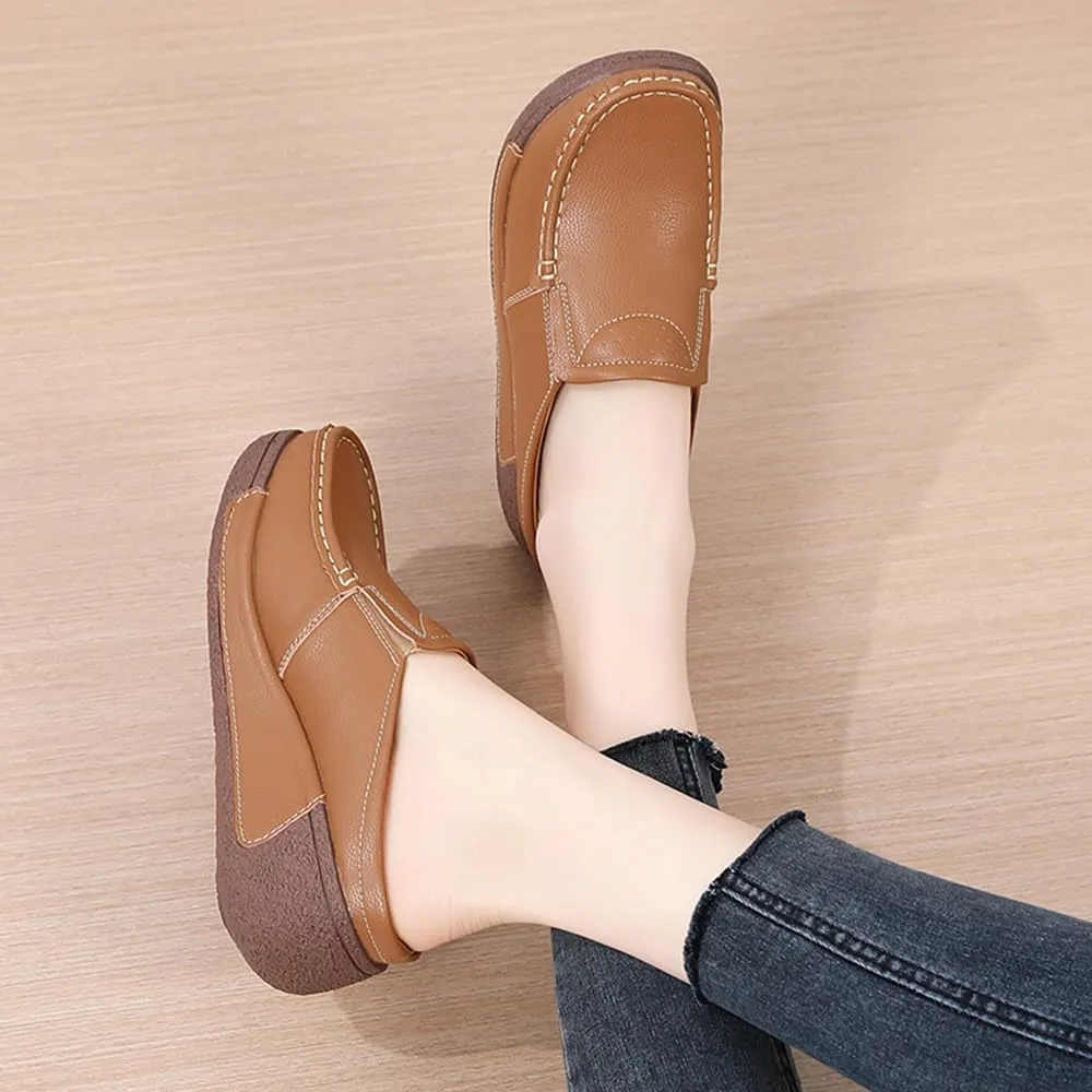 YING LAN Women Slip On Loafers Comfort Leather Wide Low Top Casual Platform Shoes