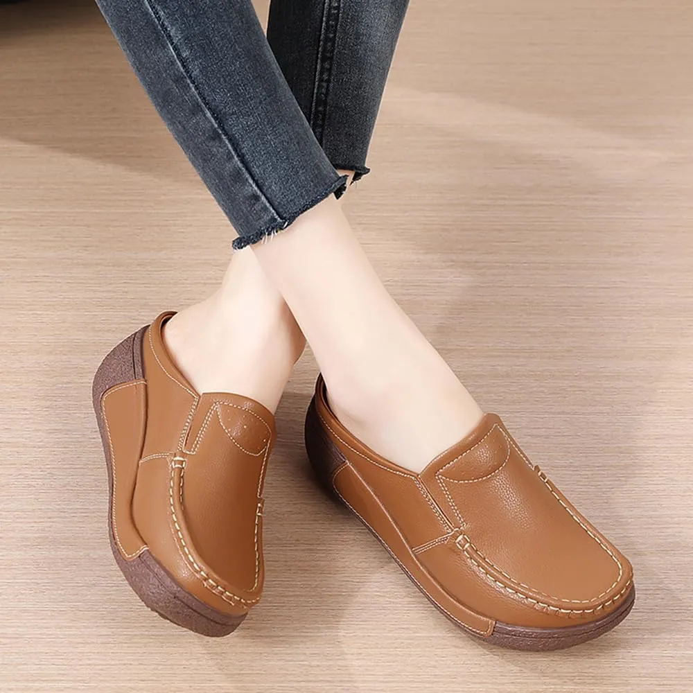 YING LAN Women Slip On Loafers Comfort Leather Wide Low Top Casual Platform Shoes