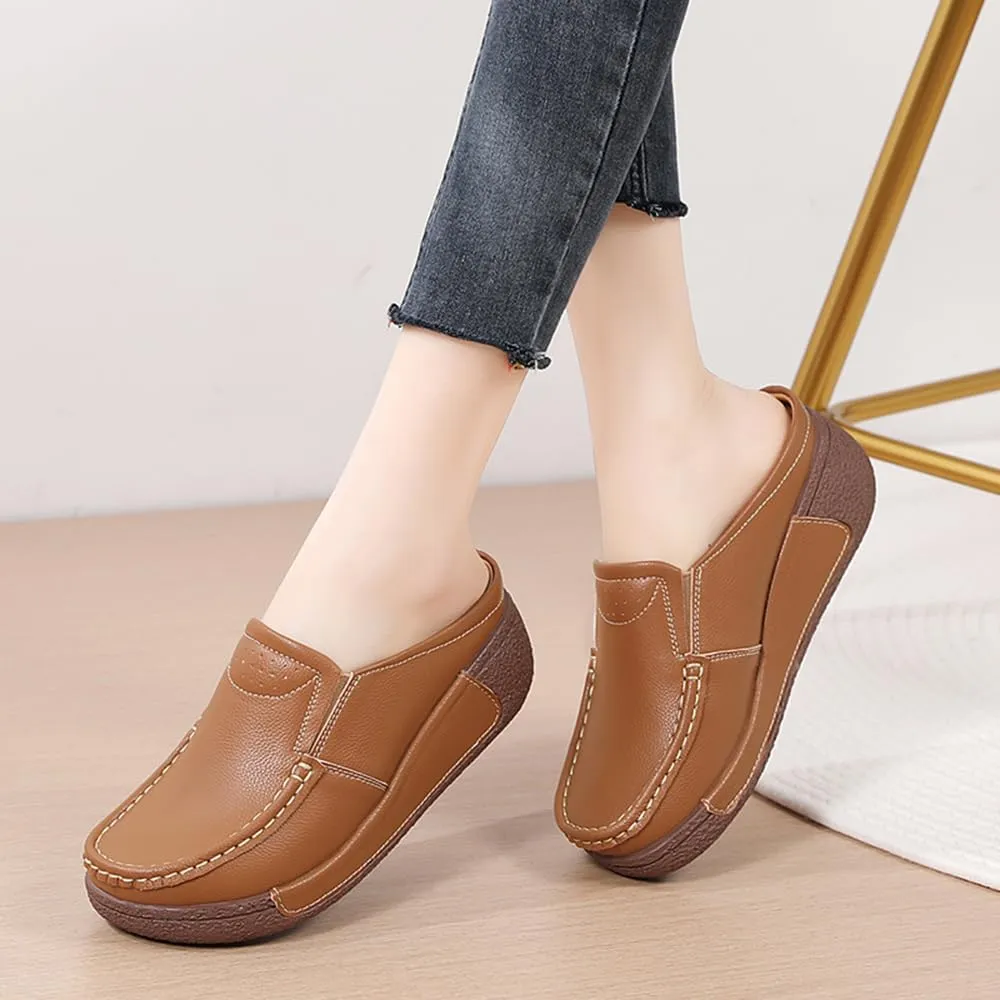 YING LAN Women Slip On Loafers Comfort Leather Wide Low Top Casual Platform Shoes