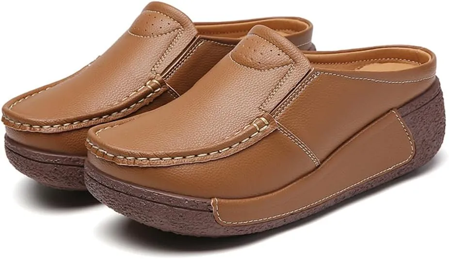 YING LAN Women Slip On Loafers Comfort Leather Wide Low Top Casual Platform Shoes