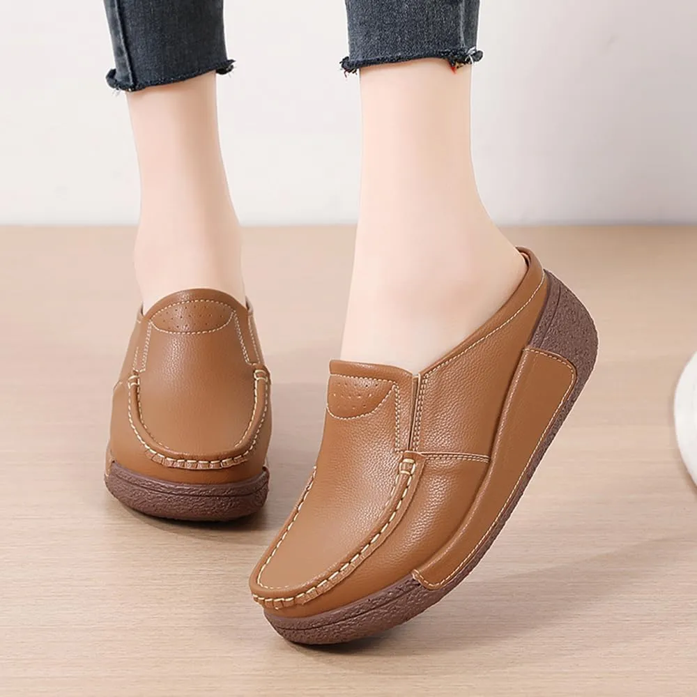 YING LAN Women Slip On Loafers Comfort Leather Wide Low Top Casual Platform Shoes