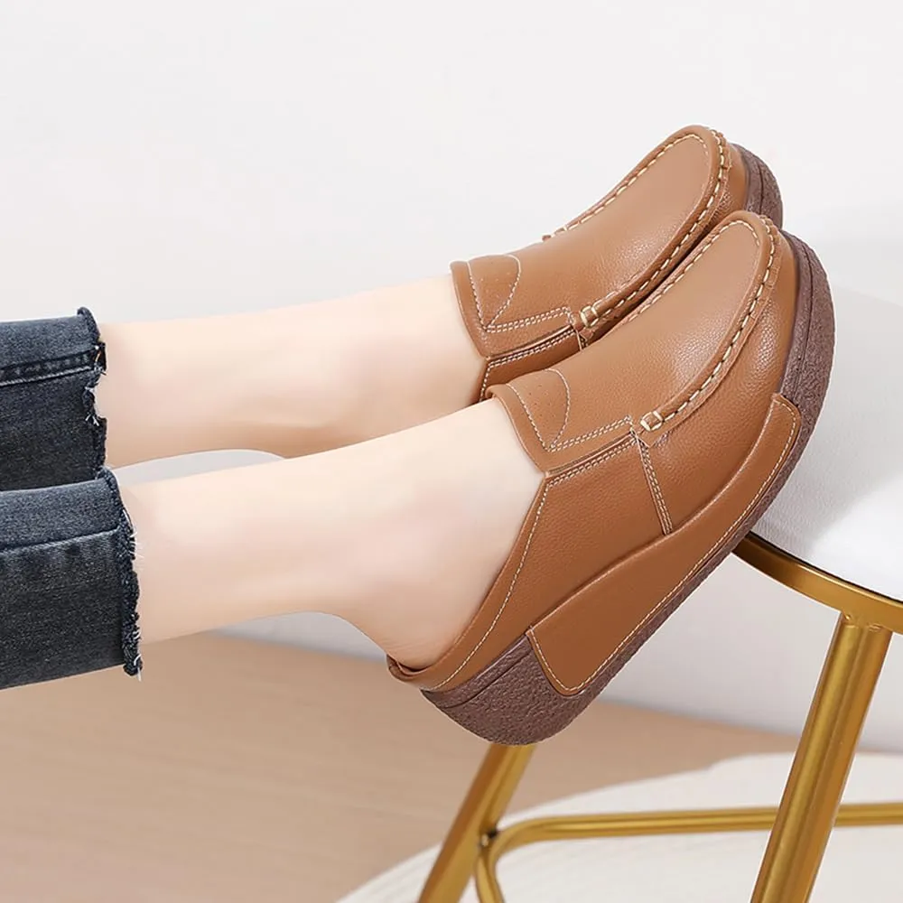 YING LAN Women Slip On Loafers Comfort Leather Wide Low Top Casual Platform Shoes