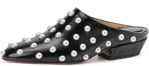 YIYA Women's Black Pearl Studded Flats Mules Closed Round Toe Backless Dress Slip On Flats Shoes