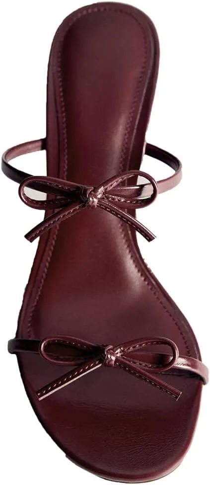 YIYA Women's Cherry Red Bow Kitten Heels Mules Sandals for Fall Open Square Toe Stiletto High Heels Slip On Slipper Party Dress Slide Heels