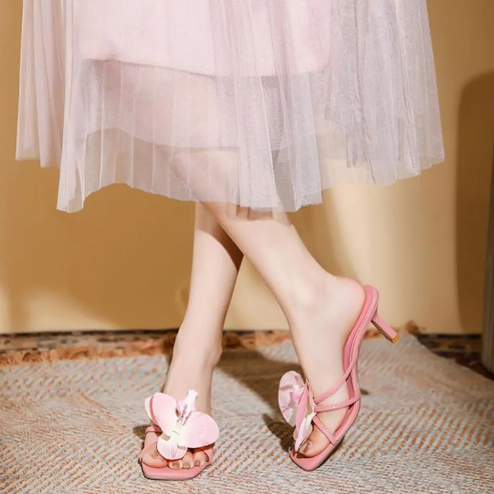YIYA Women's Flower Mules Kitten Heels Floral Open Square Toe Stiletto Heels Summer Beach Slip On Slides Sandals Shoes