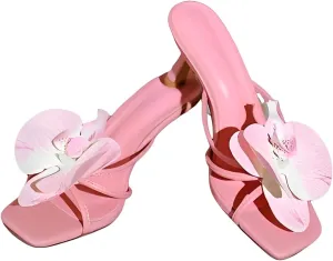 YIYA Women's Flower Mules Kitten Heels Floral Open Square Toe Stiletto Heels Summer Beach Slip On Slides Sandals Shoes