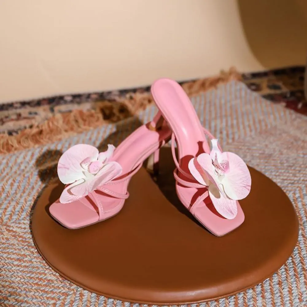 YIYA Women's Flower Mules Kitten Heels Floral Open Square Toe Stiletto Heels Summer Beach Slip On Slides Sandals Shoes