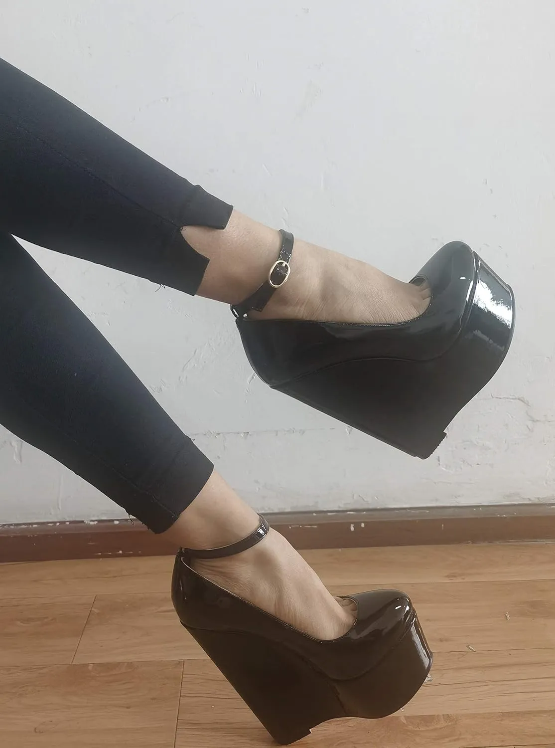 YODEKS Wedges for Women Closed Round Toe Ankle Strap Platform High Heel Wedge Pumps 6 Inches Dress Shoes