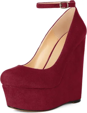 YODEKS Wedges for Women Closed Round Toe Ankle Strap Platform High Heel Wedge Pumps 6 Inches Dress Shoes