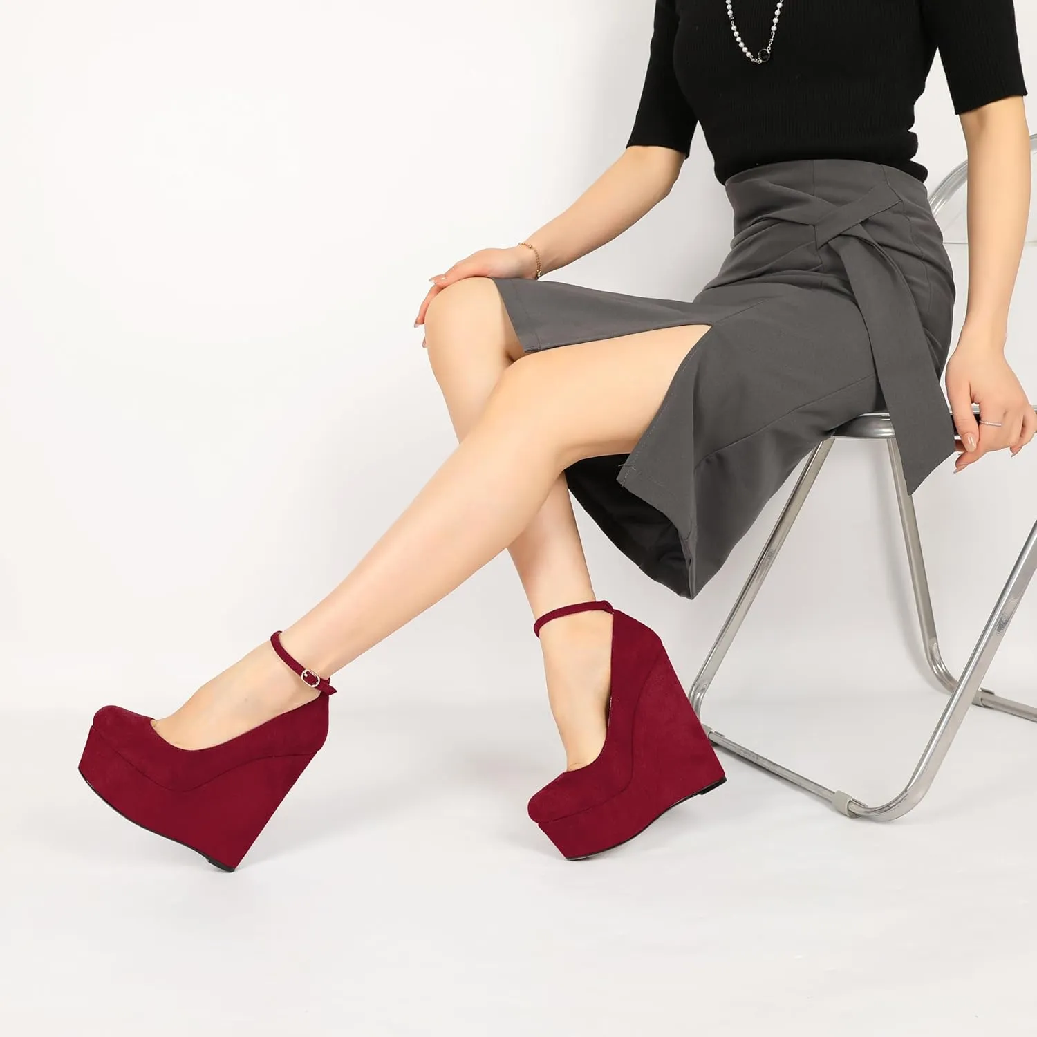 YODEKS Wedges for Women Closed Round Toe Ankle Strap Platform High Heel Wedge Pumps 6 Inches Dress Shoes