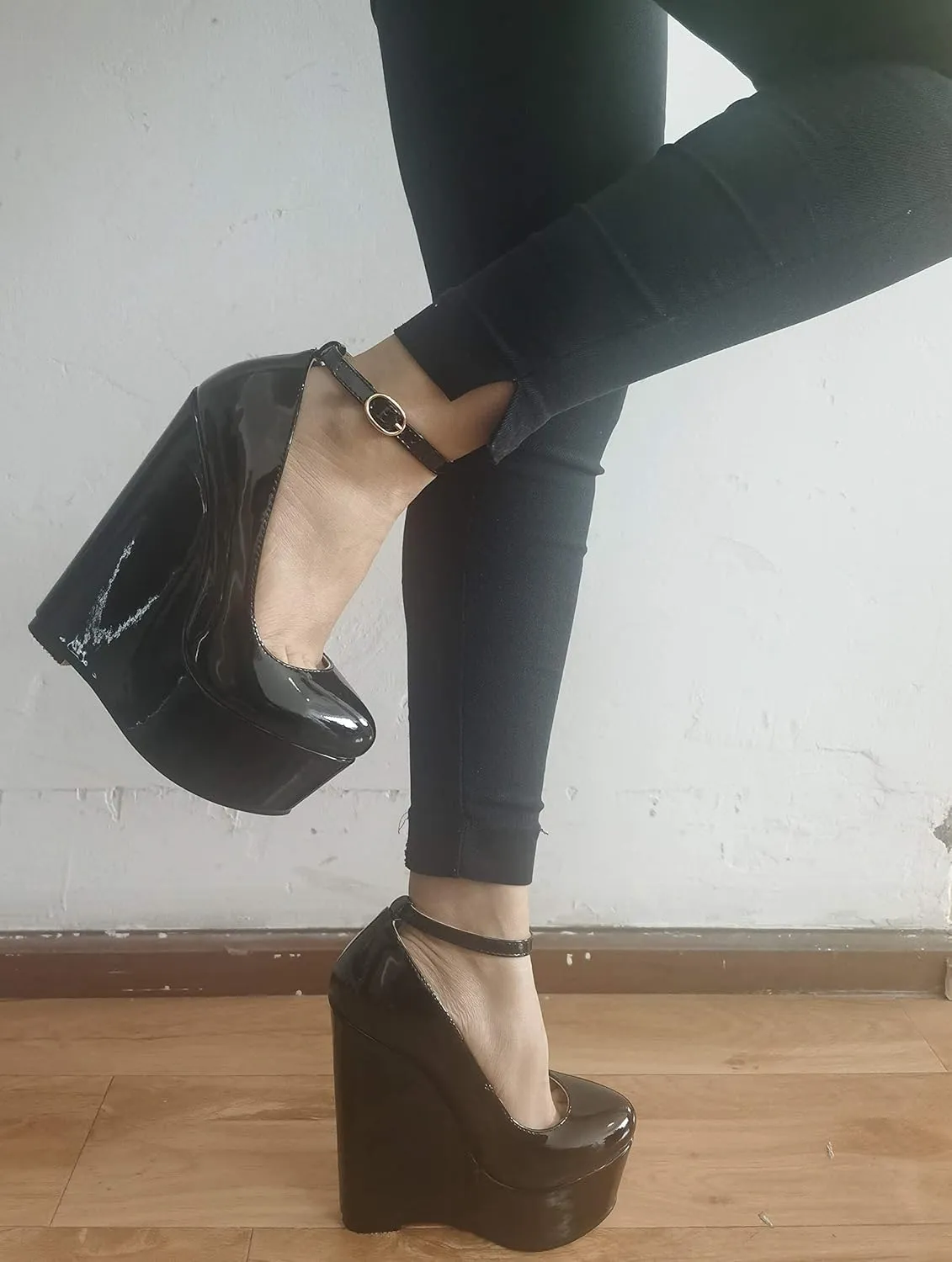 YODEKS Wedges for Women Closed Round Toe Ankle Strap Platform High Heel Wedge Pumps 6 Inches Dress Shoes