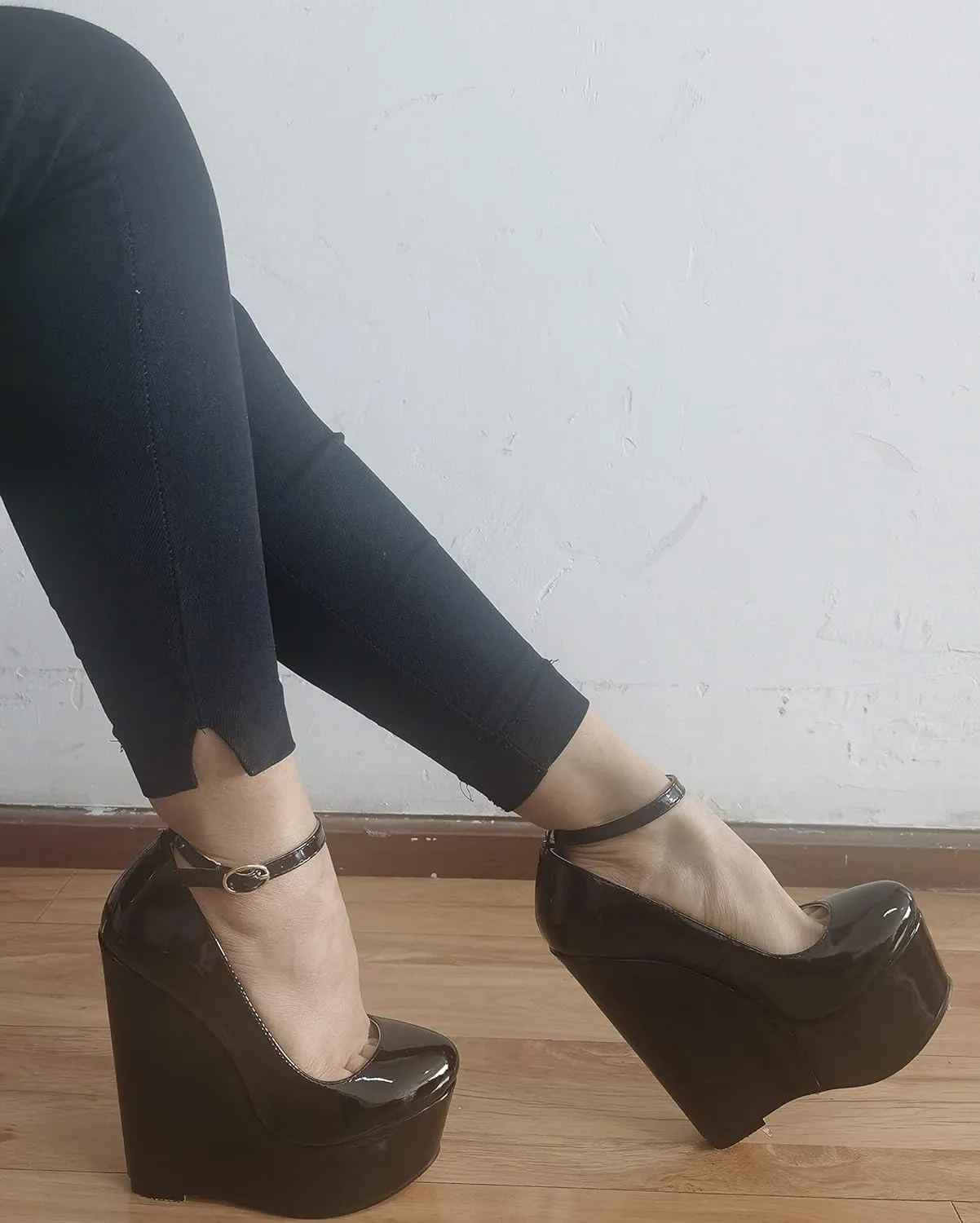 YODEKS Wedges for Women Closed Round Toe Ankle Strap Platform High Heel Wedge Pumps 6 Inches Dress Shoes