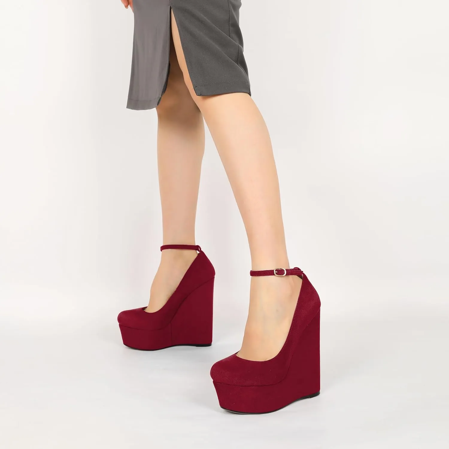 YODEKS Wedges for Women Closed Round Toe Ankle Strap Platform High Heel Wedge Pumps 6 Inches Dress Shoes
