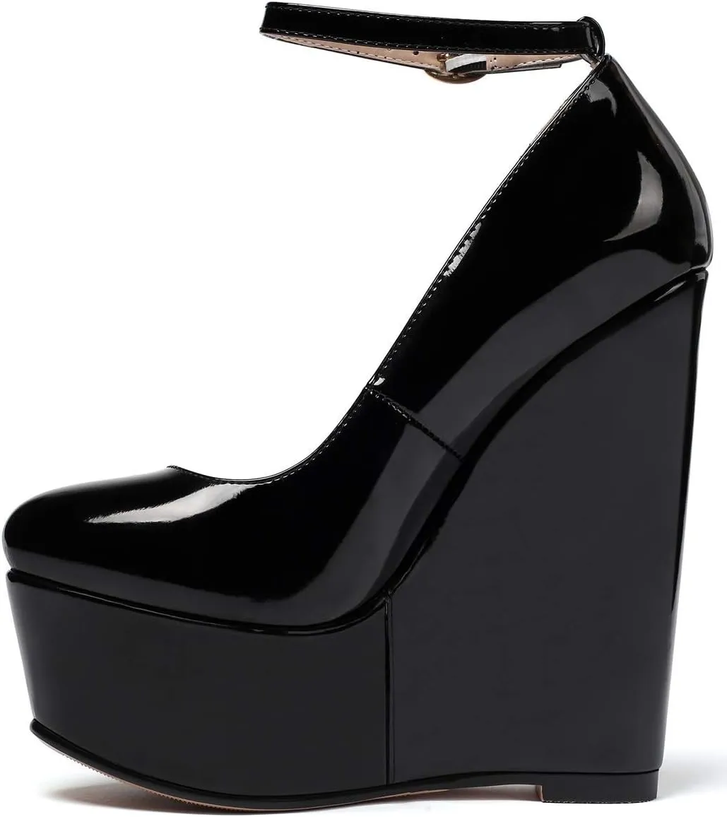 YODEKS Wedges for Women Closed Round Toe Ankle Strap Platform High Heel Wedge Pumps 6 Inches Dress Shoes